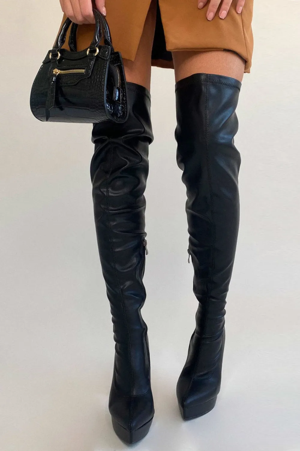 Black PU Pointed Toe Calf High Heel Boots With Side Zip