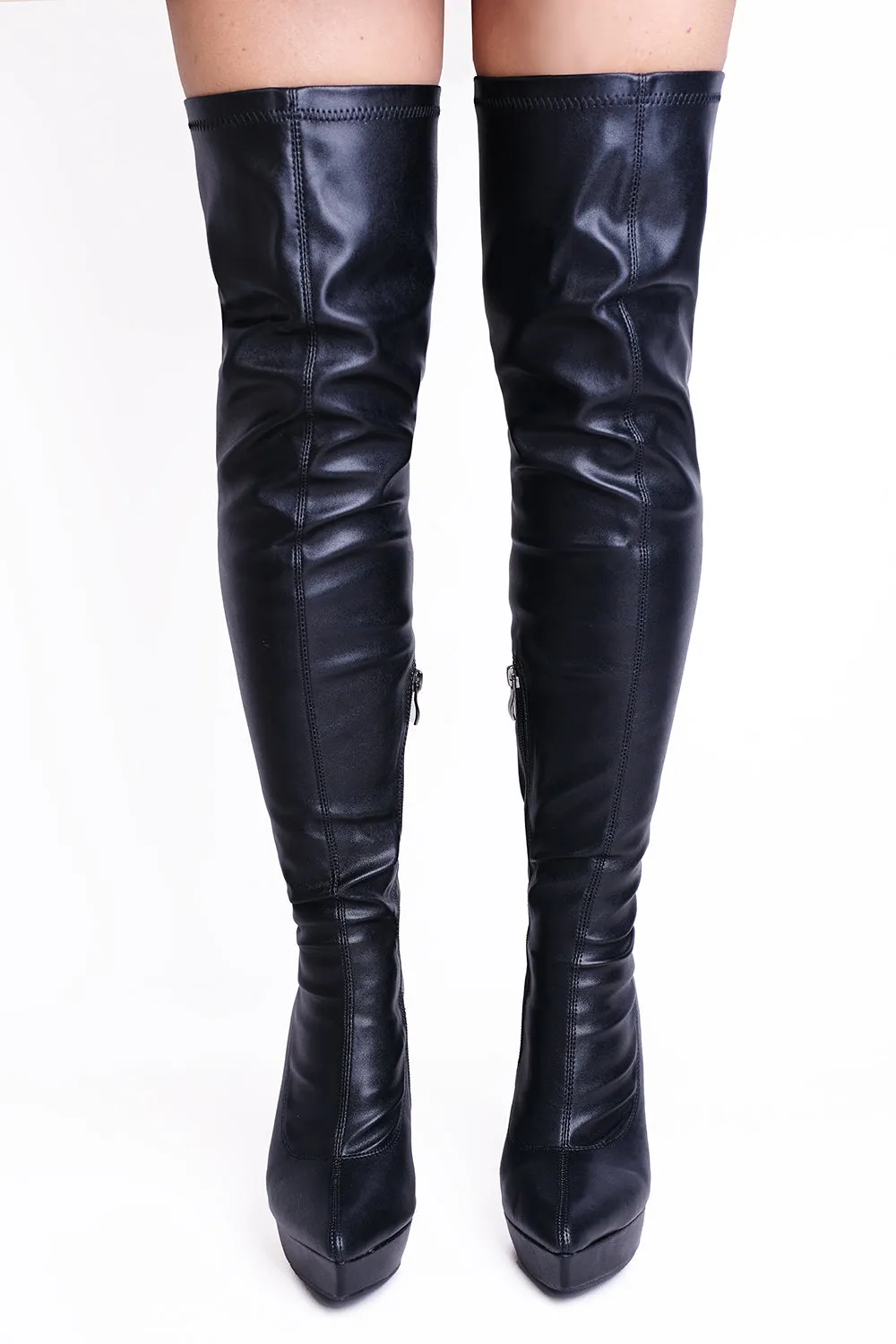 Black PU Pointed Toe Calf High Heel Boots With Side Zip