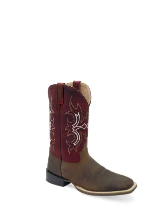 Old West Mens Broad Square Toe Brown/Cloudy Burgundy Leather Cowboy Boots 9.5 EE