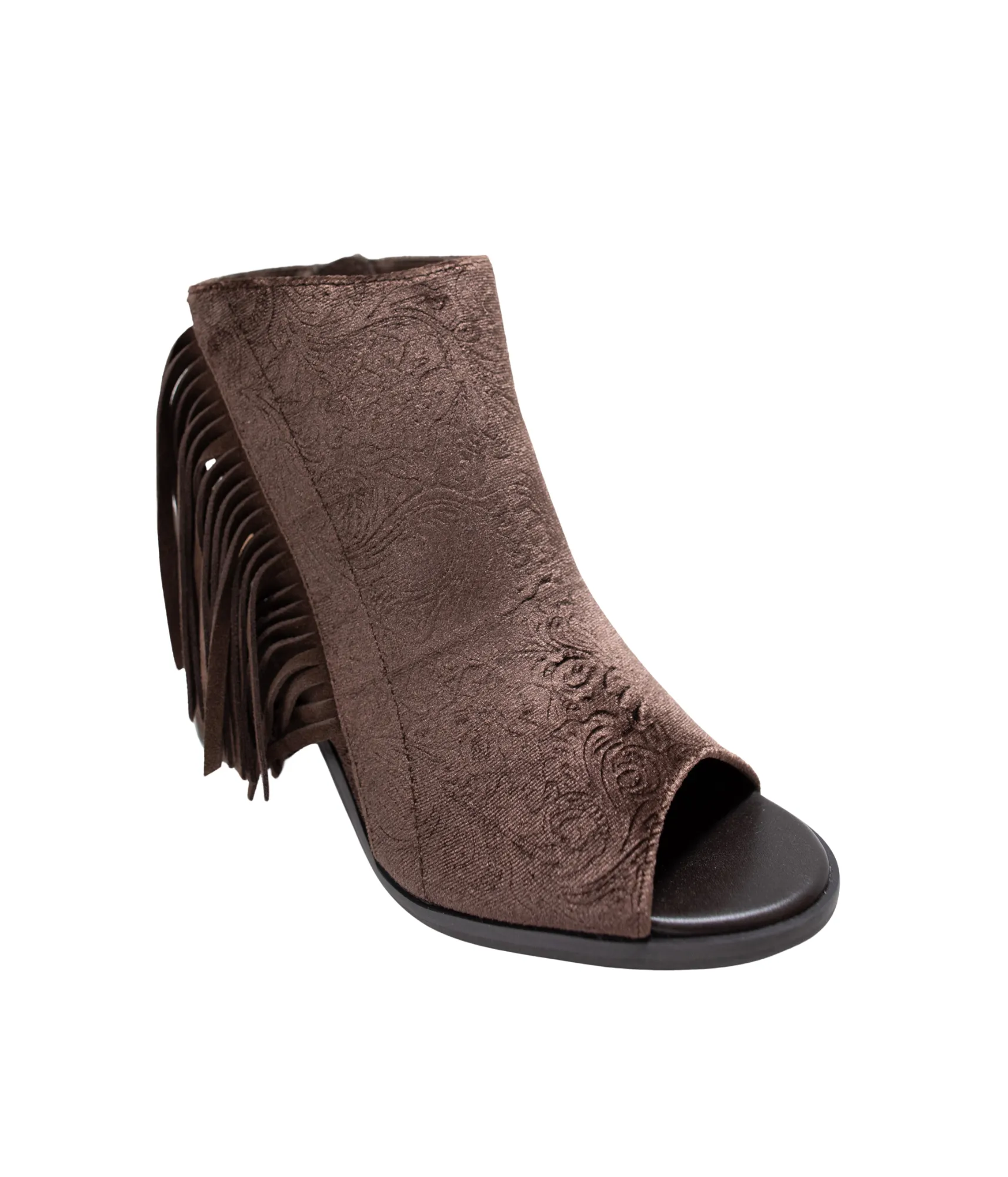 Pony Express Fringe Open Toed Ankle Boot in Brown