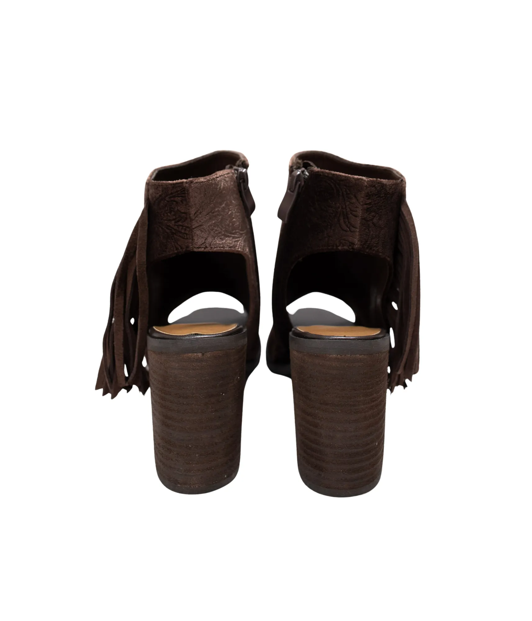 Pony Express Fringe Open Toed Ankle Boot in Brown