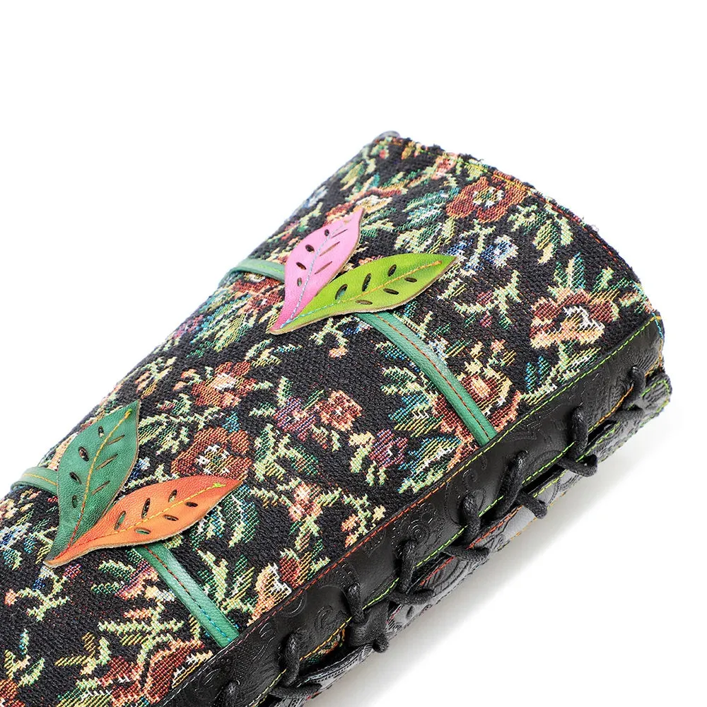 Sheepskin Leather With Cotton Floral Fabric Lace Up Long Boots