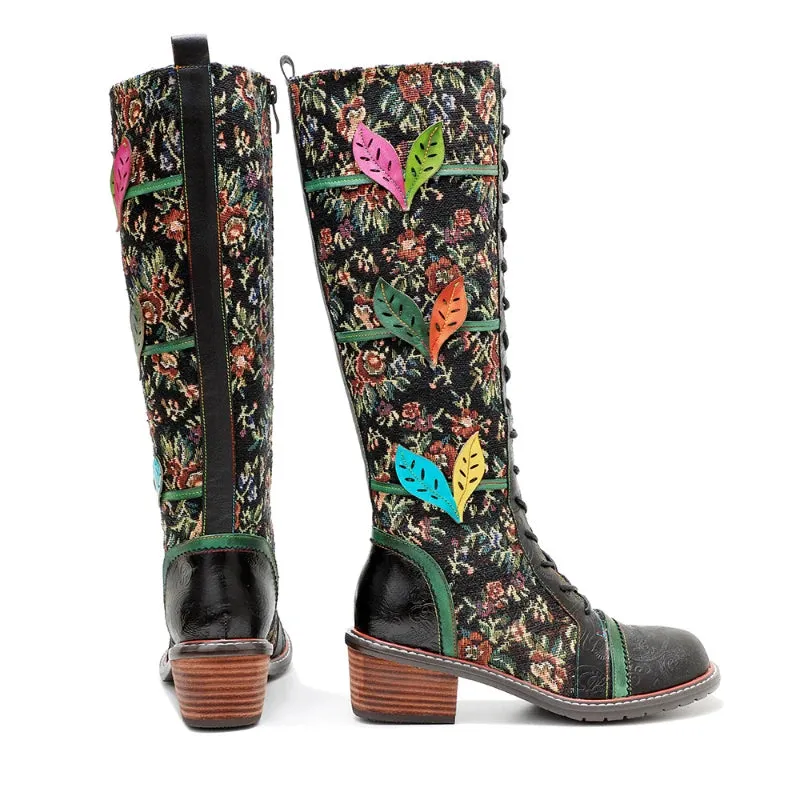 Sheepskin Leather With Cotton Floral Fabric Lace Up Long Boots