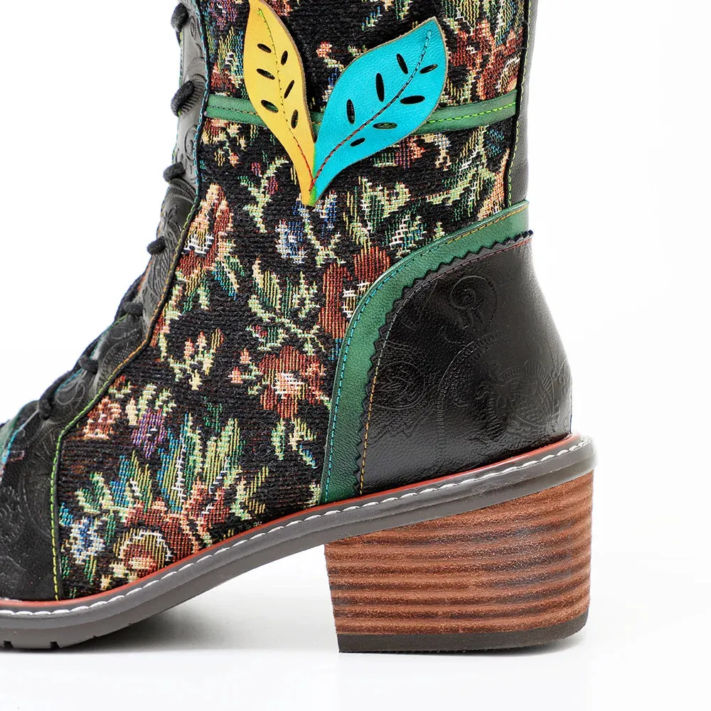 Sheepskin Leather With Cotton Floral Fabric Lace Up Long Boots