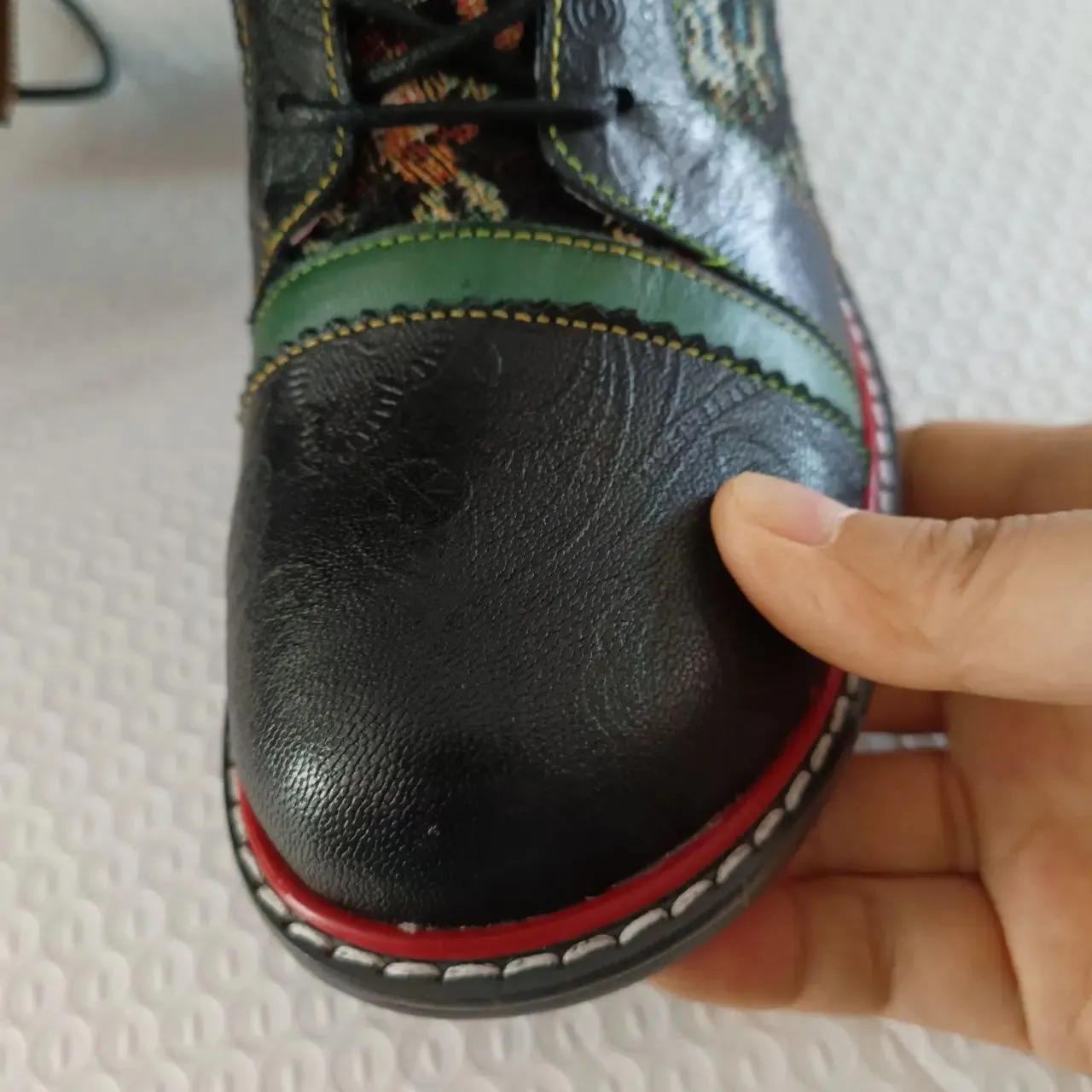 Sheepskin Leather With Cotton Floral Fabric Lace Up Long Boots