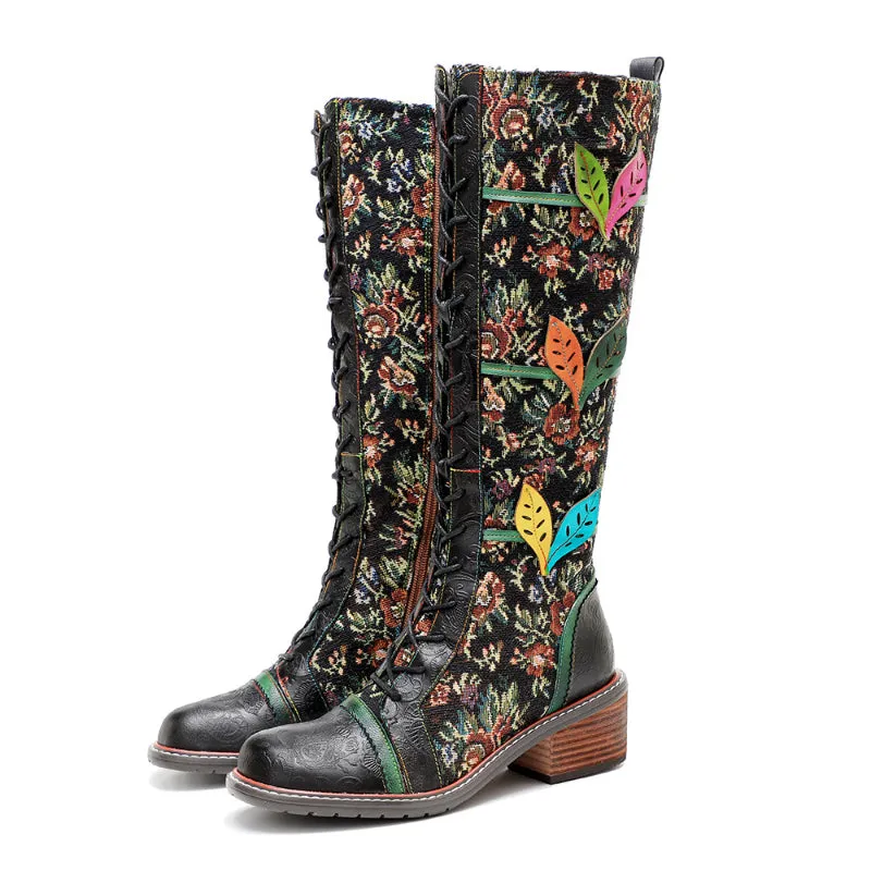 Sheepskin Leather With Cotton Floral Fabric Lace Up Long Boots