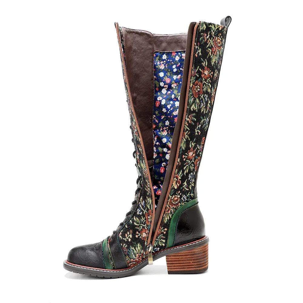 Sheepskin Leather With Cotton Floral Fabric Lace Up Long Boots