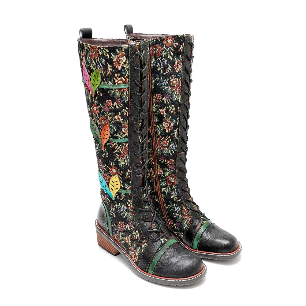 Sheepskin Leather With Cotton Floral Fabric Lace Up Long Boots