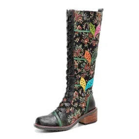 Sheepskin Leather With Cotton Floral Fabric Lace Up Long Boots