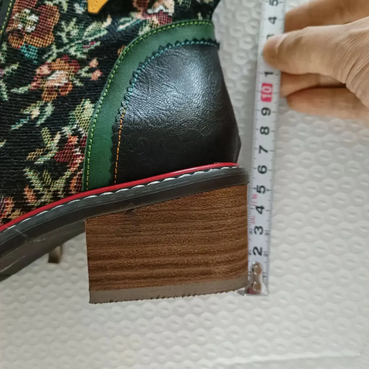 Sheepskin Leather With Cotton Floral Fabric Lace Up Long Boots