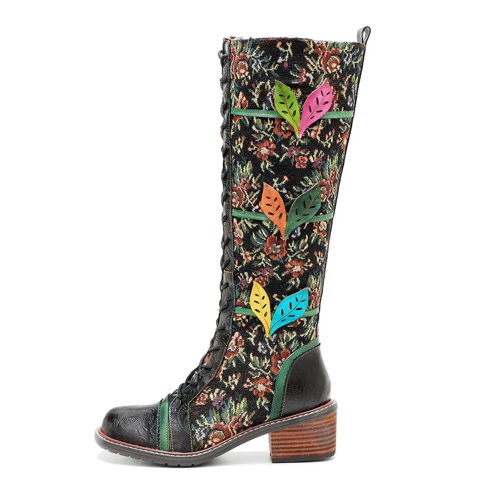 Sheepskin Leather With Cotton Floral Fabric Lace Up Long Boots