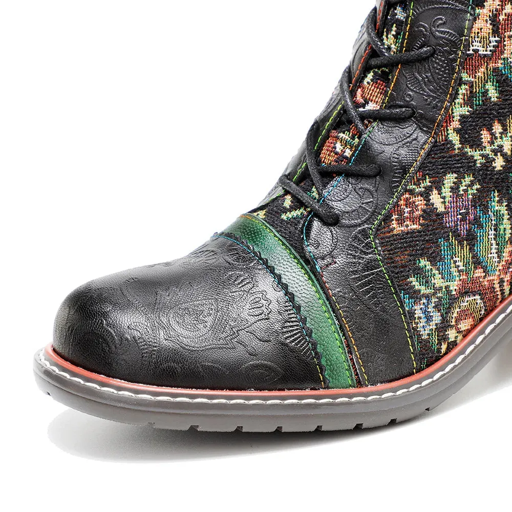 Sheepskin Leather With Cotton Floral Fabric Lace Up Long Boots