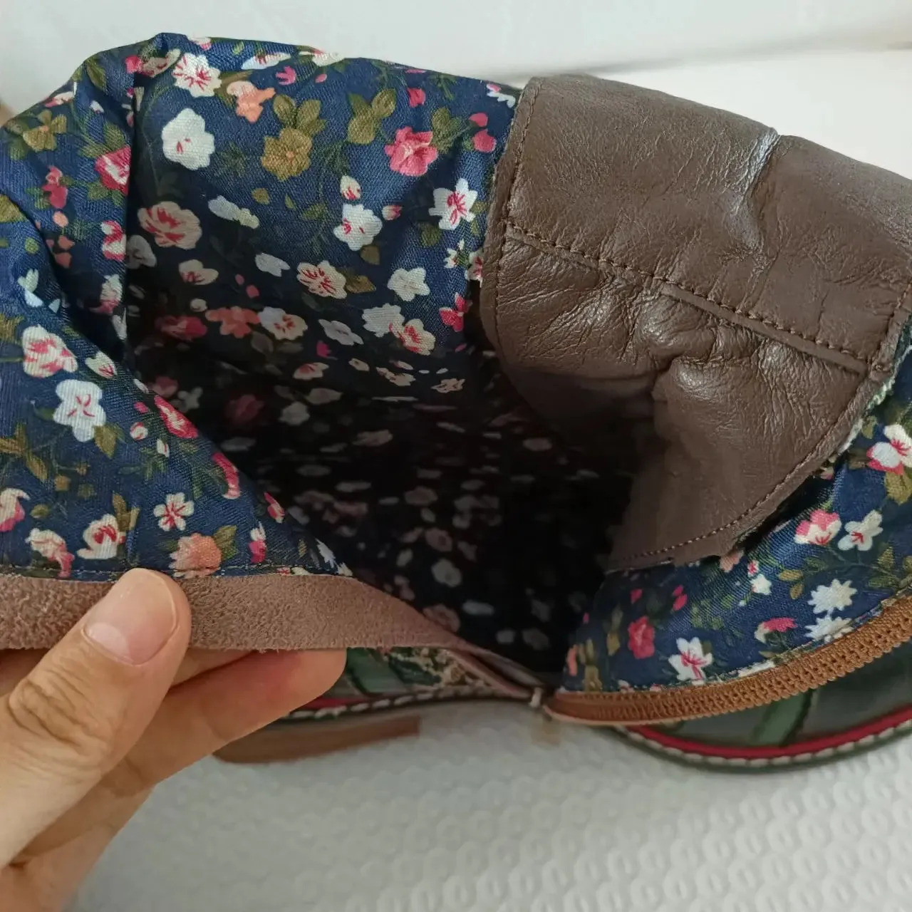 Sheepskin Leather With Cotton Floral Fabric Lace Up Long Boots