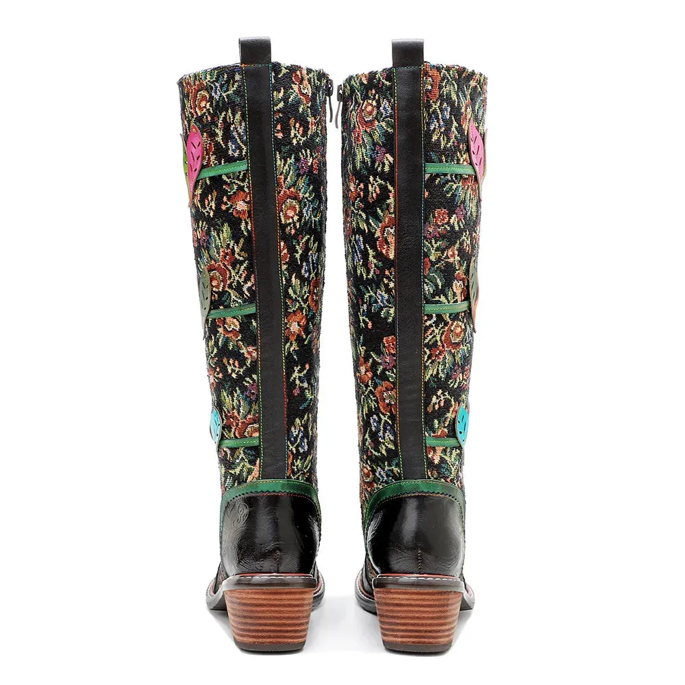 Sheepskin Leather With Cotton Floral Fabric Lace Up Long Boots