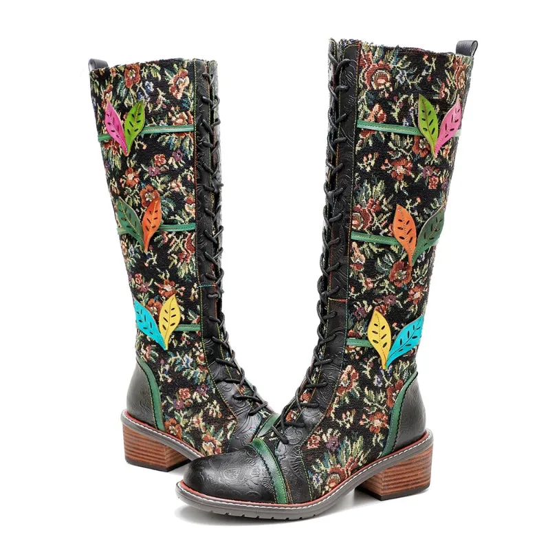 Sheepskin Leather With Cotton Floral Fabric Lace Up Long Boots