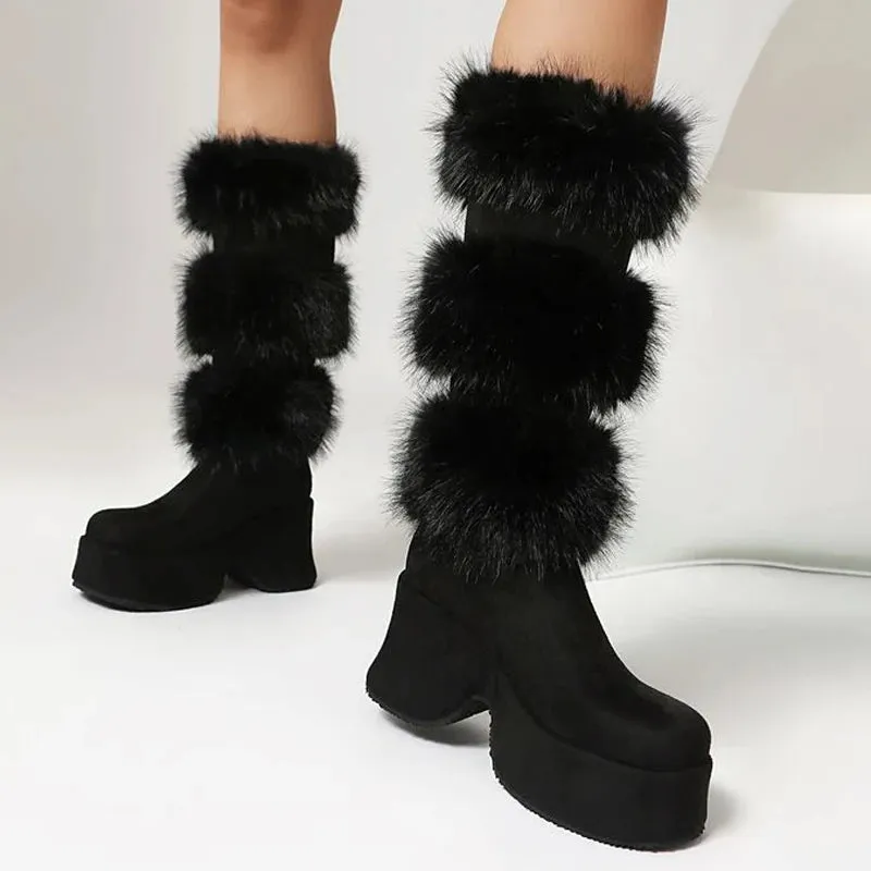 Trend4us Women's Chunky Suede Faux Fur Platform Boots