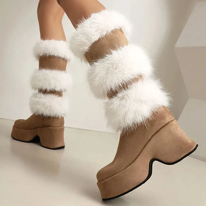 Trend4us Women's Chunky Suede Faux Fur Platform Boots