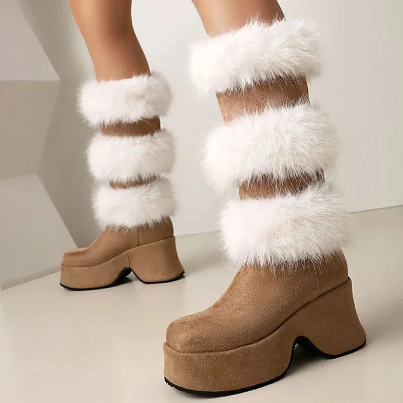 Trend4us Women's Chunky Suede Faux Fur Platform Boots