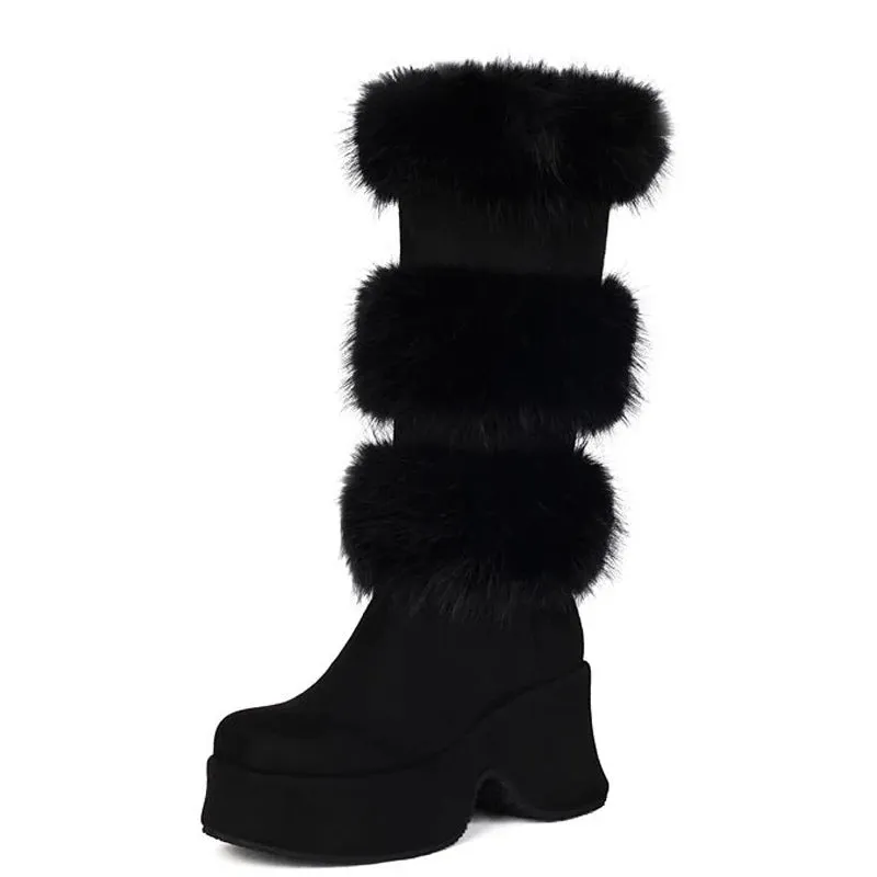 Trend4us Women's Chunky Suede Faux Fur Platform Boots