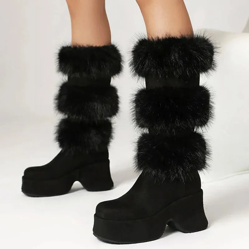 Trend4us Women's Chunky Suede Faux Fur Platform Boots