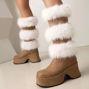 Trend4us Women's Chunky Suede Faux Fur Platform Boots