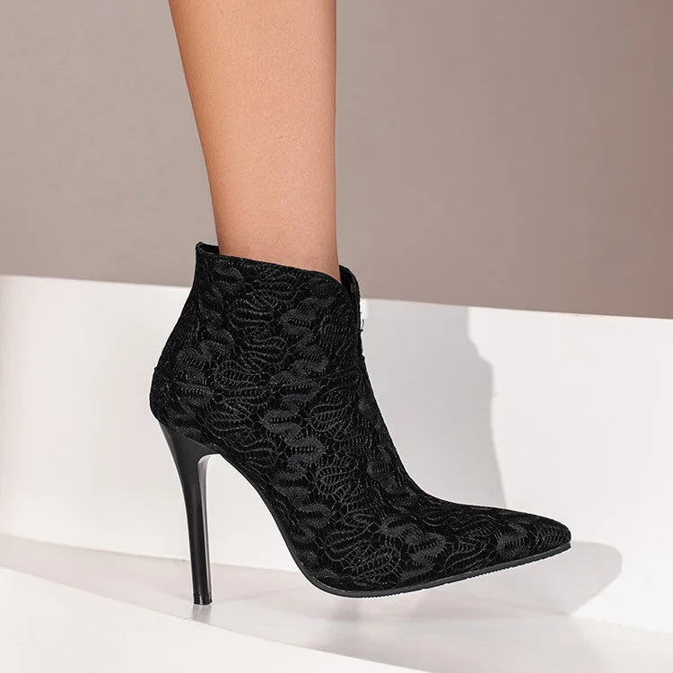 Women's Embossed Leather Leopard Print Pointed Toe Stiletto Heel Short Boots